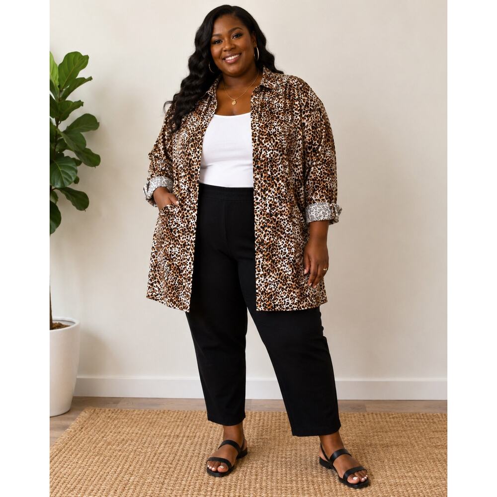 Jessica London Leopard Print Tunic Shirt Size 24W Cotton Stretch Animal Print